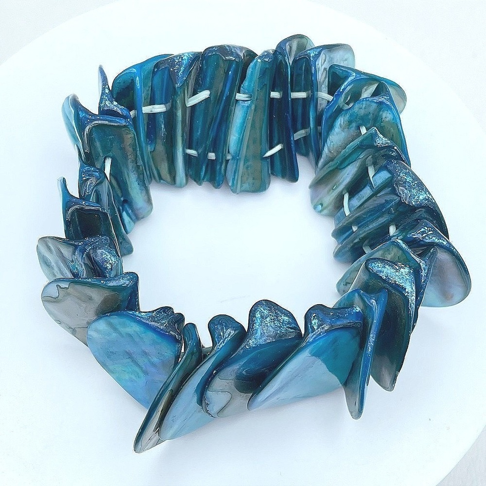 Vintage Blue Teal Dyed Shell Stretch Bracelet Chunky Beach Statement Y2K Coastal